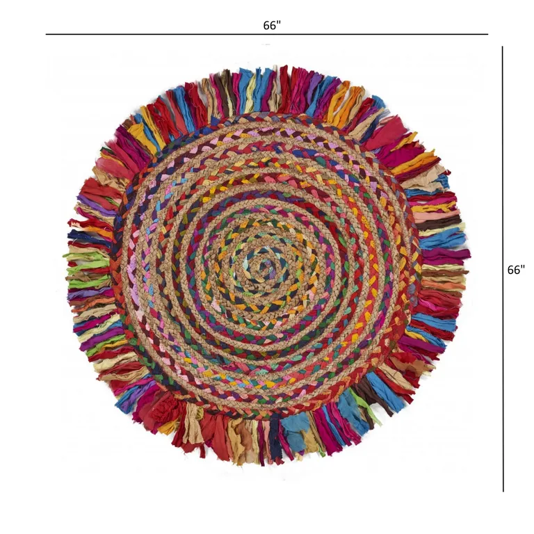 Multicolored Chindi and Natural Jute Fringed Round Rug Photo 5