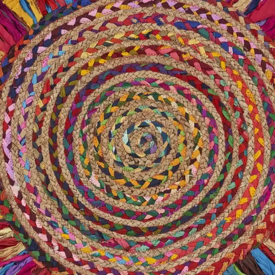 Multicolored Chindi and Natural Jute Fringed Round Rug Photo 6