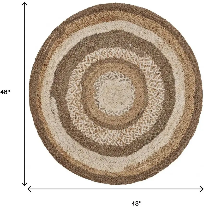 5' Beige Jute Abstract Geometric Hand Braided Round Rug Photo 3