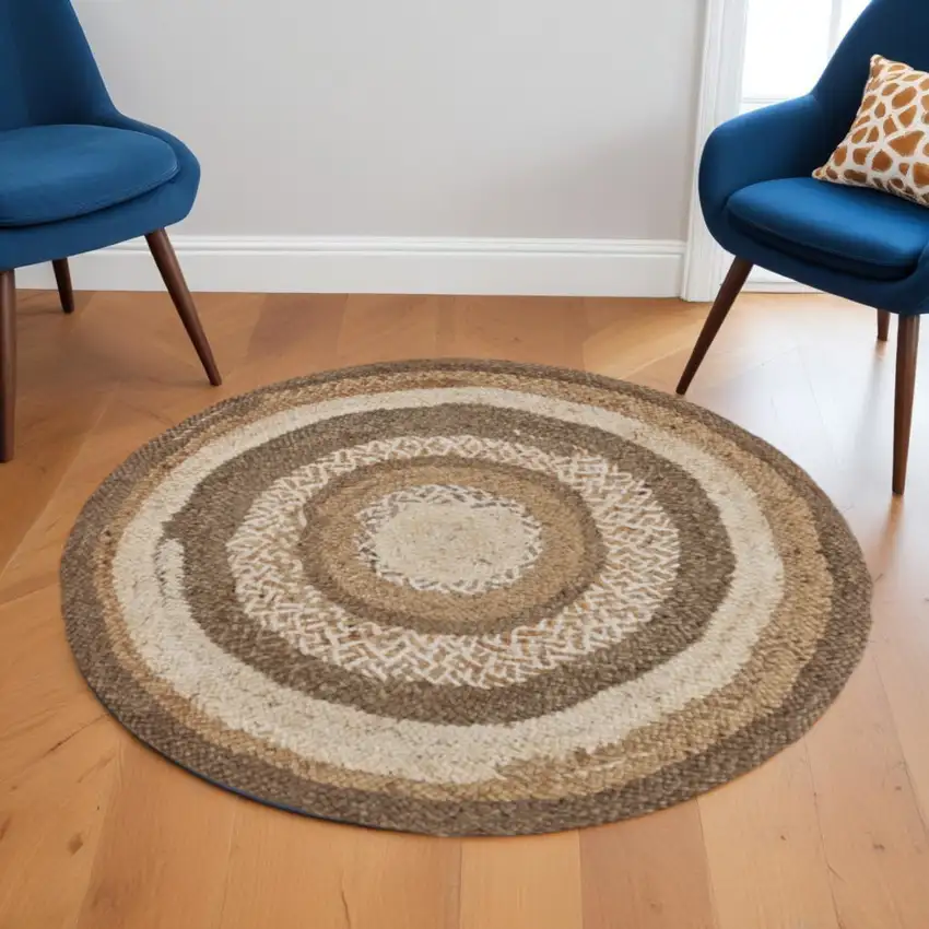 6' Beige Jute Abstract Geometric Hand Braided Round Rug Photo 2