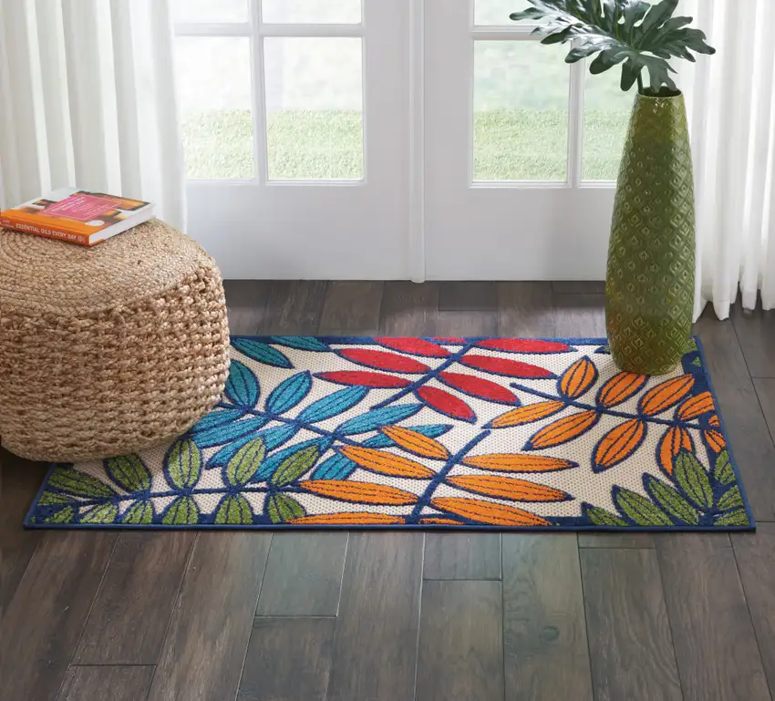 Ivory And Blue Floral Indoor Outdoor Area Rug Photo 7
