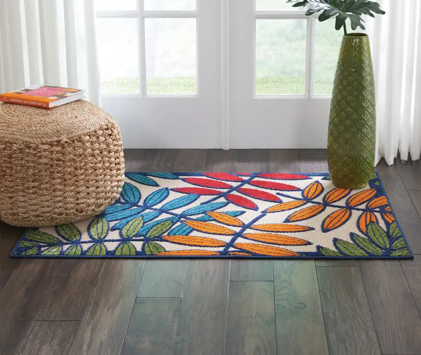 Ivory And Blue Floral Indoor Outdoor Area Rug Photo 7