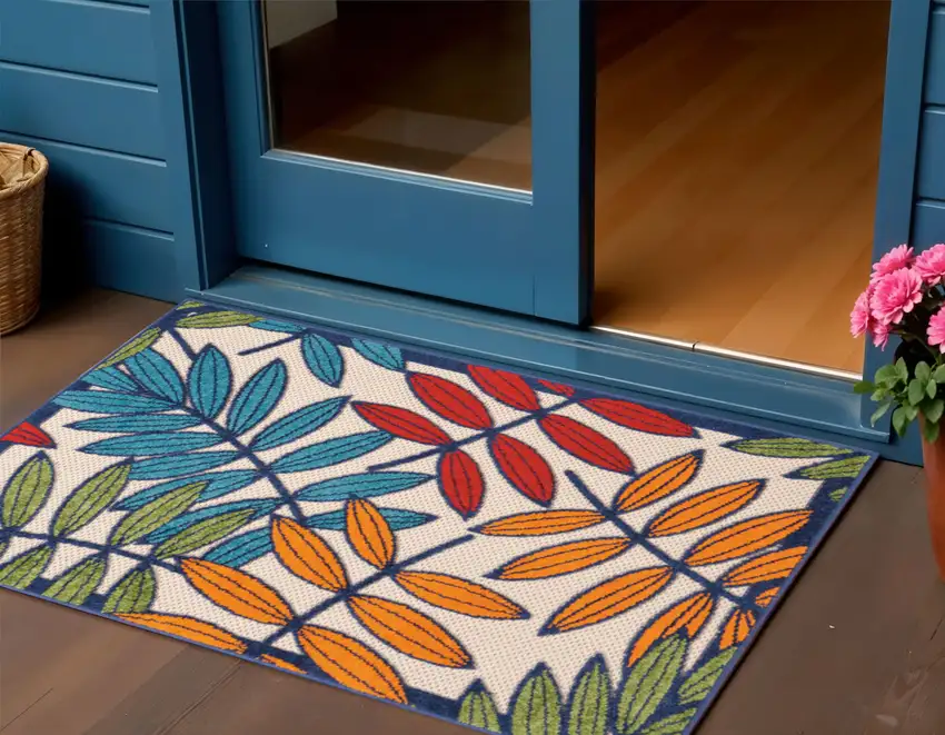 Ivory And Blue Floral Indoor Outdoor Area Rug Photo 2