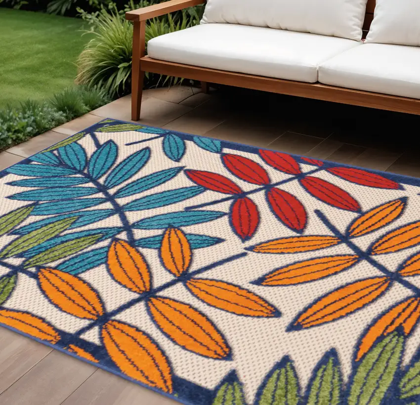 Ivory And Blue Floral Indoor Outdoor Area Rug Photo 2
