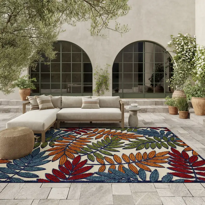 Ivory And Blue Floral Indoor Outdoor Area Rug Photo 4