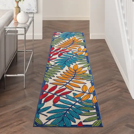 Ivory And Blue Floral Stain Resistant Indoor Outdoor Runner Rug Photo 9