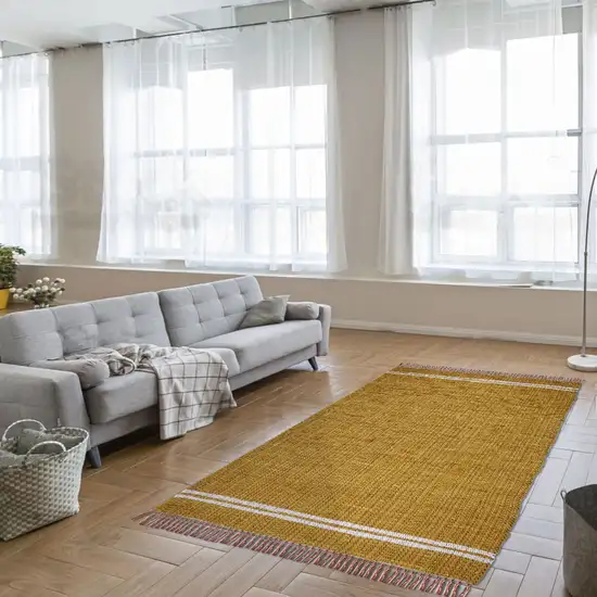 Mustard Striped Hand Woven Area Rug With Fringe Photo 6