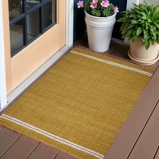 Mustard Striped Hand Woven Area Rug With Fringe Photo 1