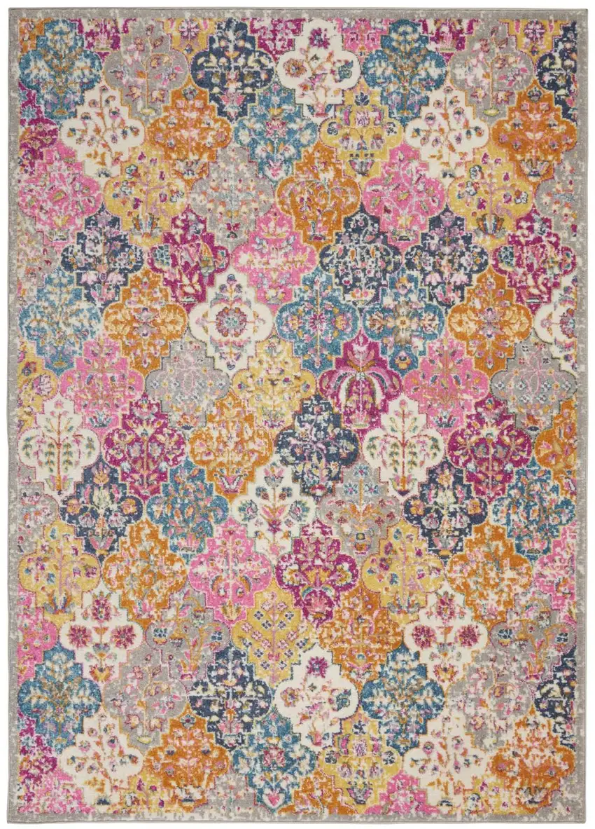 Gray Blue And Orange Quatrefoil Distressed Area Rug Photo 9
