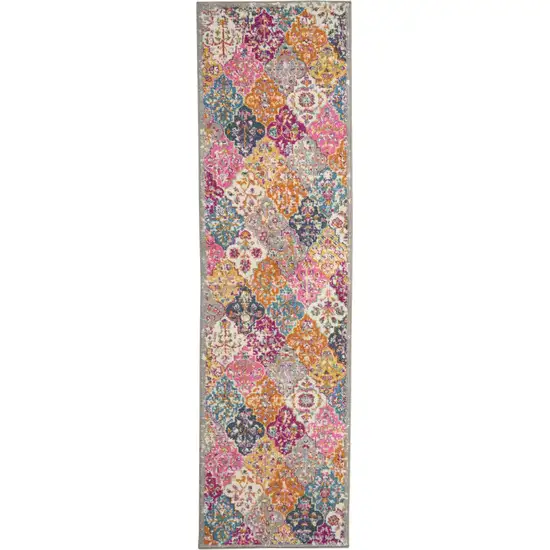 8' Gray And Ivory Geometric Distressed Runner Rug Photo 8