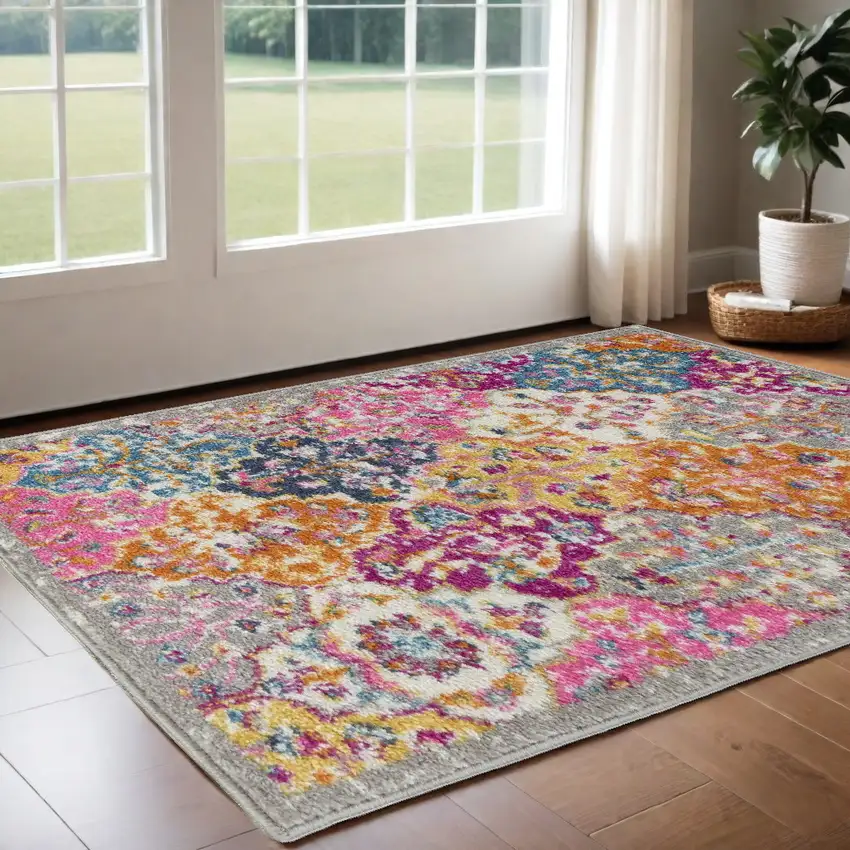 Gray And Ivory Geometric Distressed Area Rug Photo 2