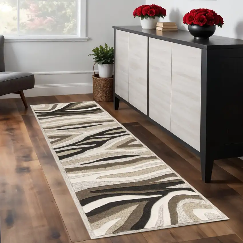 7' Beige Ivory And Black Wool Abstract Hand Tufted Runner Rug Photo 1