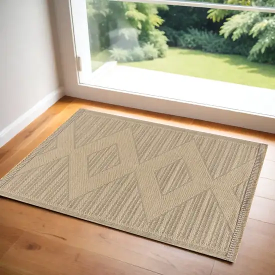 Natural And Beige Geometric Flatweave Non Skid Area Rug With Fringe Photo 1