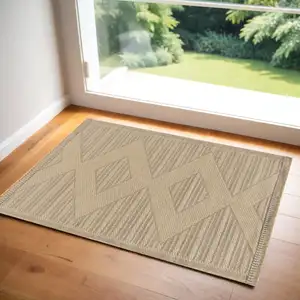 Photo of Natural And Beige Geometric Flatweave Non Skid Area Rug With Fringe