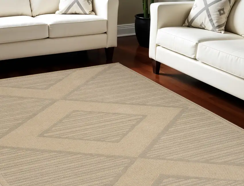 Natural And Beige Geometric Flatweave Non Skid Area Rug With Fringe Photo 1