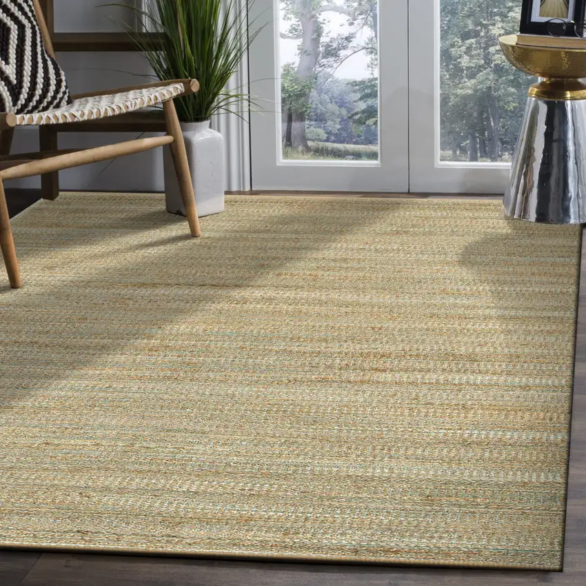 Natural And Blue Jute Striped Hand Woven Square Rug Photo 4