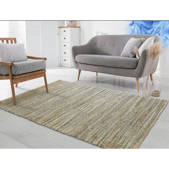 Natural And Blue Jute Striped Hand Woven Square Rug Photo 3