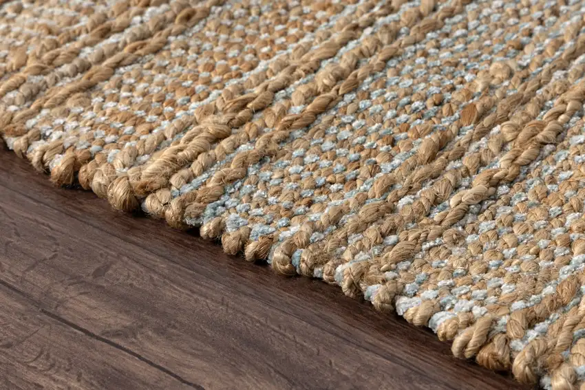 Natural And Blue Jute Striped Hand Woven Square Rug Photo 9