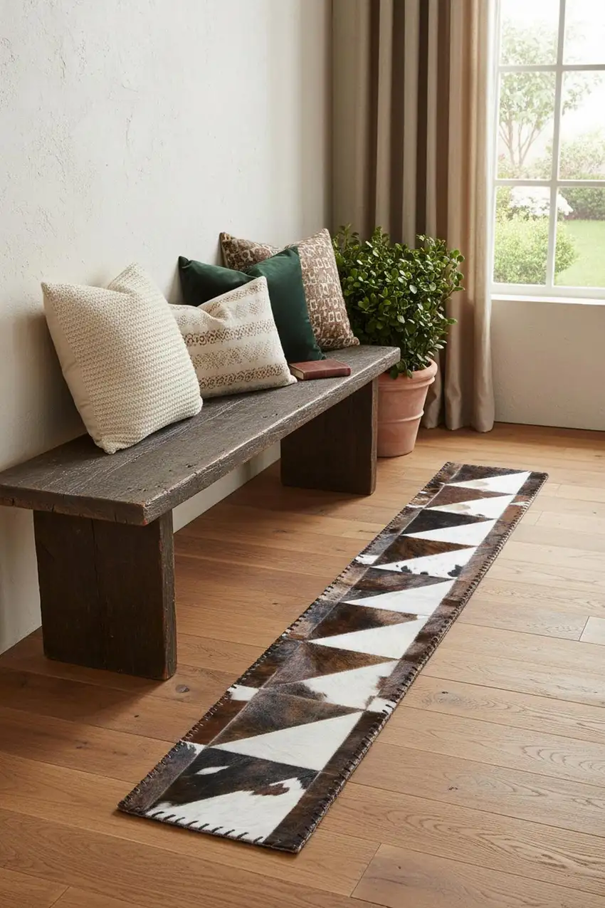 Natural And Brown Cowhide Patchwork Runner Rug Photo 1