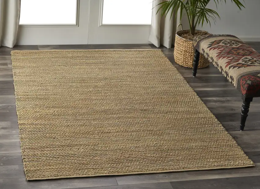 Natural And Tan Jute Striped Hand Woven Area Rug Photo 4