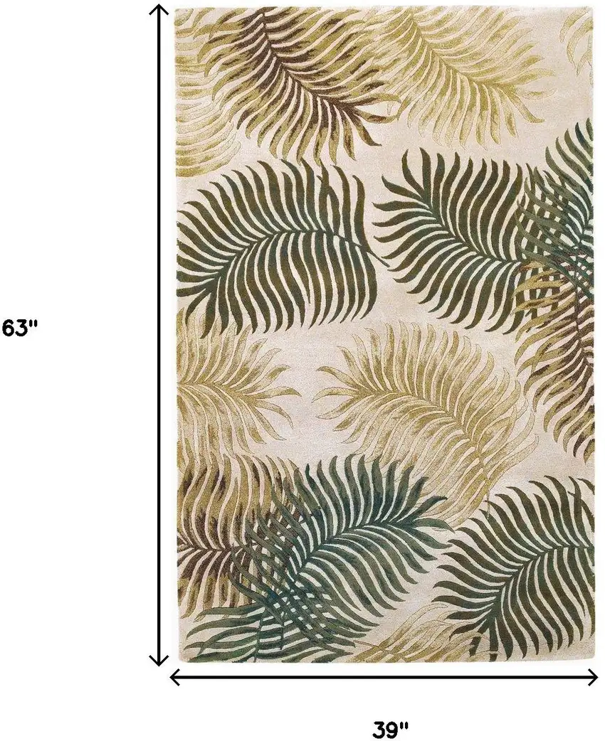 Natural Green And Brown Wool Botanical Leaves Hand Tufted Area Rug Photo 3