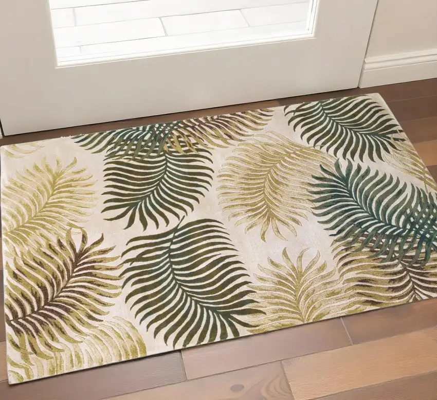 Natural Green And Brown Wool Botanical Leaves Hand Tufted Area Rug Photo 1