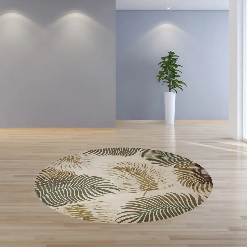 Natural Beige Hand Tufted Tropical Leaves Round Indoor Area Rug Photo 6