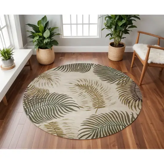 8' Beige Green And Brown Wool Botanical Leaves Hand Tufted Round Rug Photo 1