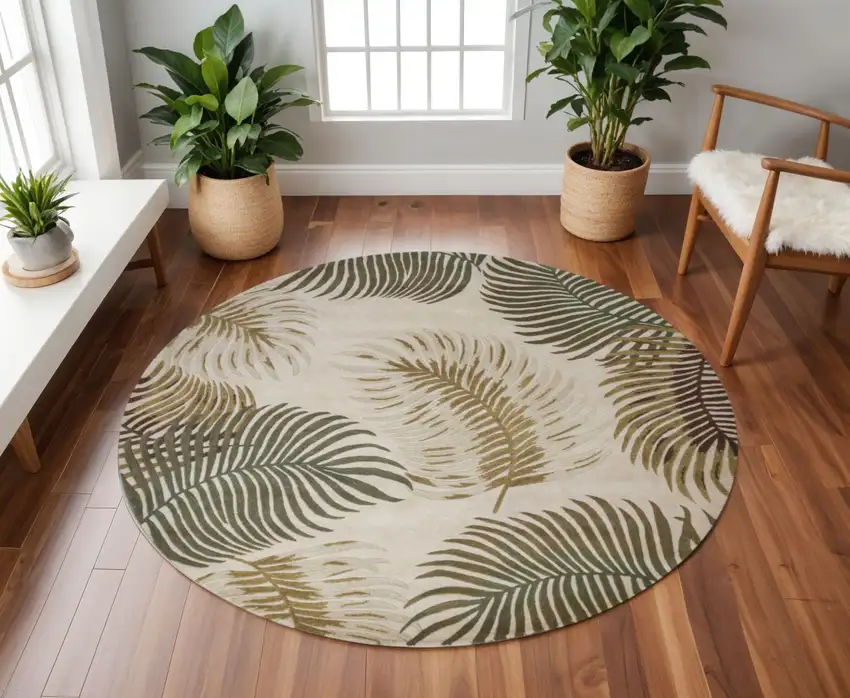 8' Beige Green And Brown Wool Botanical Leaves Hand Tufted Round Rug Photo 1