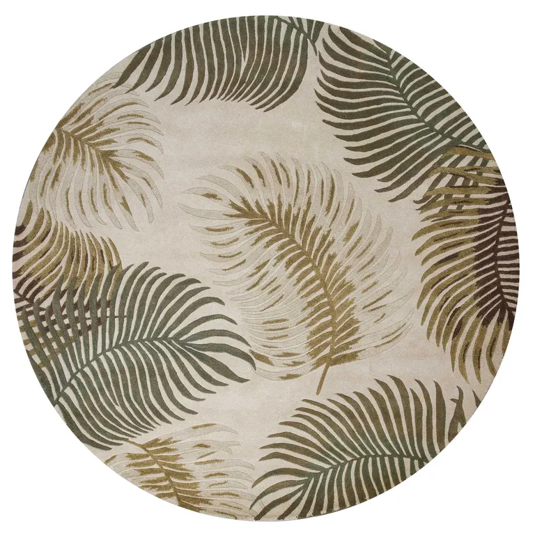Natural Beige Hand Tufted Tropical Leaves Round Indoor Area Rug Photo 1