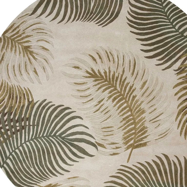 Natural Beige Hand Tufted Tropical Leaves Round Indoor Area Rug Photo 5