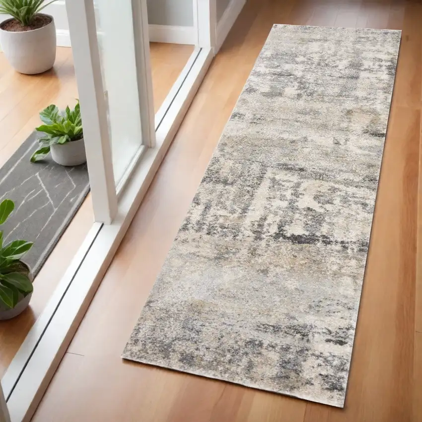 7' Gray And Tan Abstract Runner Rug Photo 1