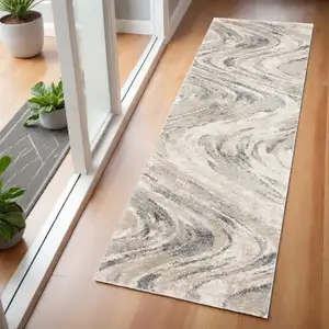 Photo of Natural Beige Machine Woven Abstract Waves Indoor Runner Rug