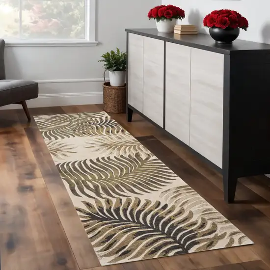 8' Beige Green And Brown Wool Botanical Leaves Hand Tufted Runner Rug Photo 1