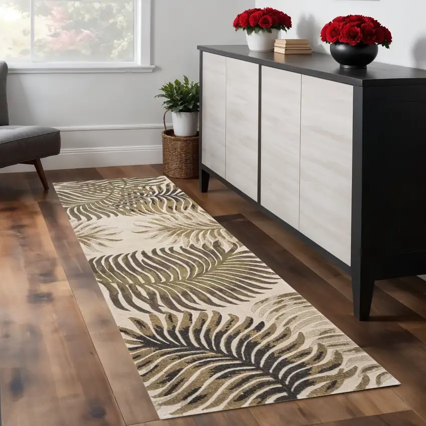 8' Beige Green And Brown Wool Botanical Leaves Hand Tufted Runner Rug Photo 1