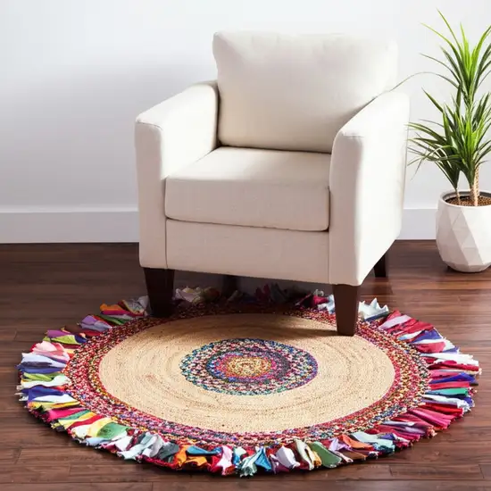 4' Natural Red And Blue Jute Abstract Geometric Hand Woven Round Rug Photo 1