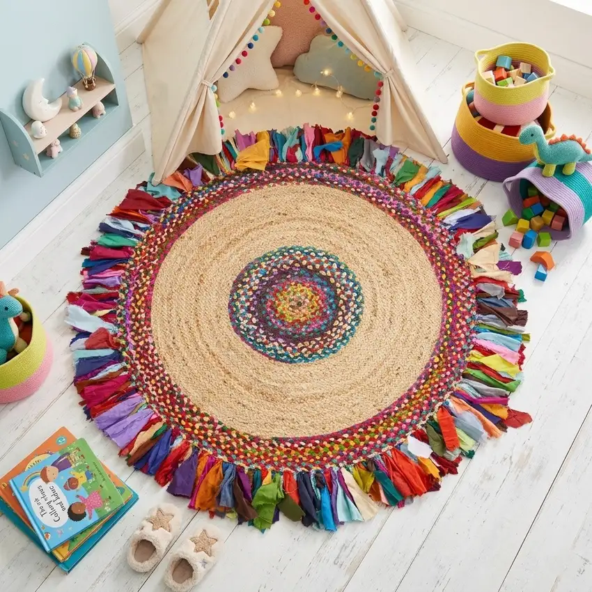 4' Natural Red And Blue Jute Abstract Geometric Hand Woven Round Rug Photo 4
