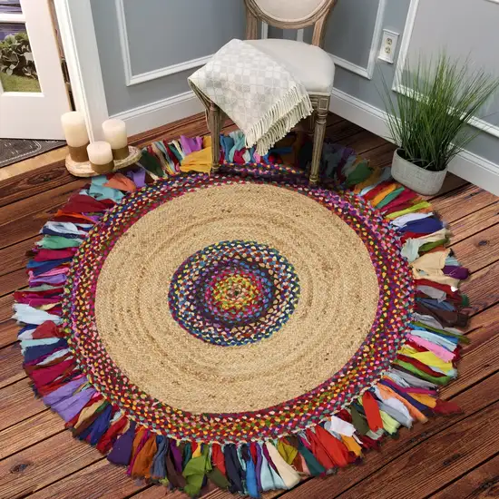 Natural Jute Multicolored Medallion Area Rug with Fringe Photo 5