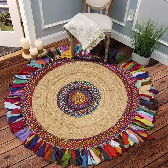 Natural Jute Multicolored Medallion Area Rug with Fringe Photo 6