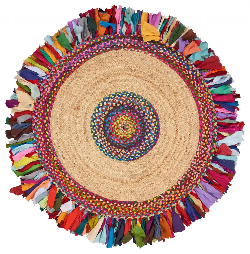 Natural Jute Multicolored Medallion Area Rug with Fringe Photo 9