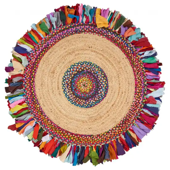 Natural Jute Multicolored Medallion Area Rug with Fringe Photo 9