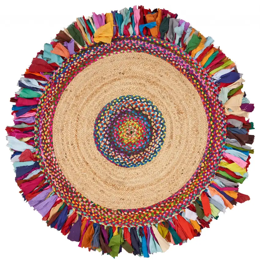 Natural Jute Multicolored Medallion Area Rug with Fringe Photo 1
