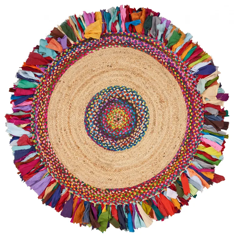 Natural Jute Multicolored Medallion Area Rug with Fringe Photo 1