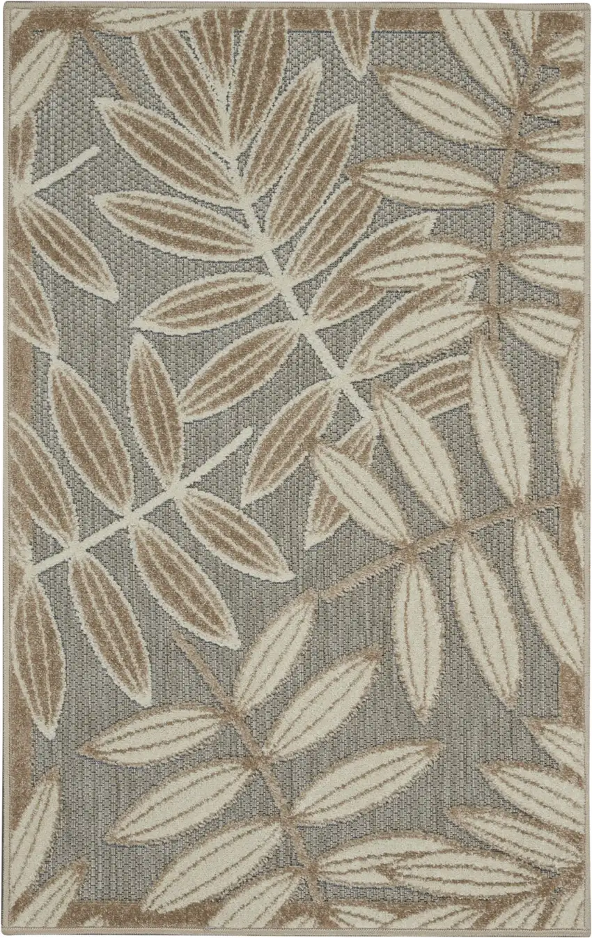 Beige Gray And Ivory Botanical Leaves Indoor Outdoor Area Rug Photo 1