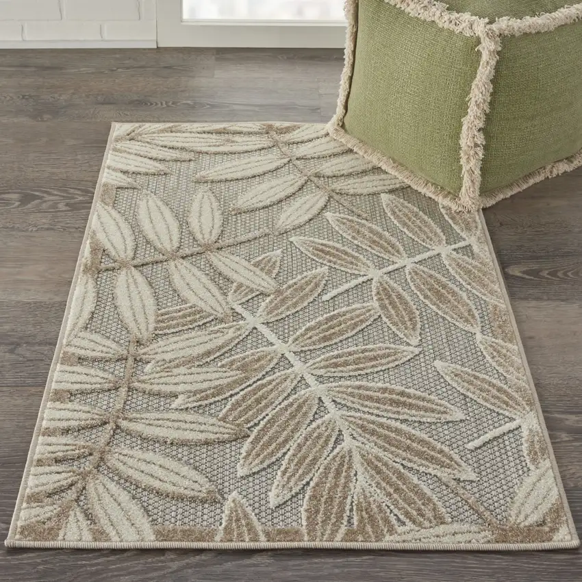 Beige Gray And Ivory Botanical Leaves Indoor Outdoor Area Rug Photo 5