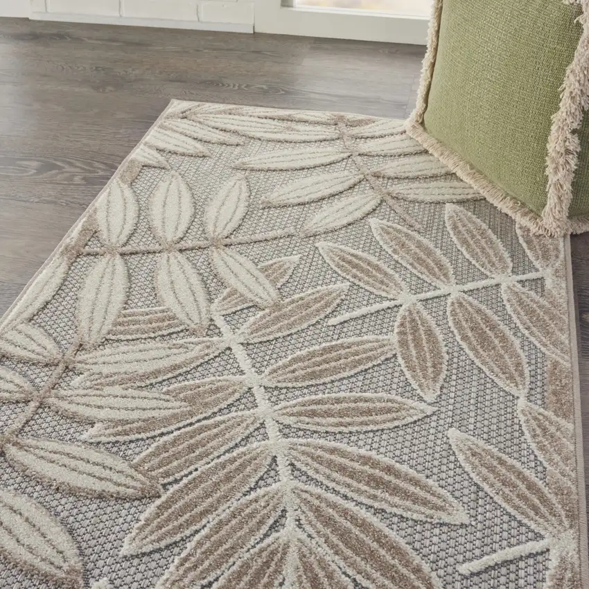 Beige Gray And Ivory Botanical Leaves Indoor Outdoor Area Rug Photo 6