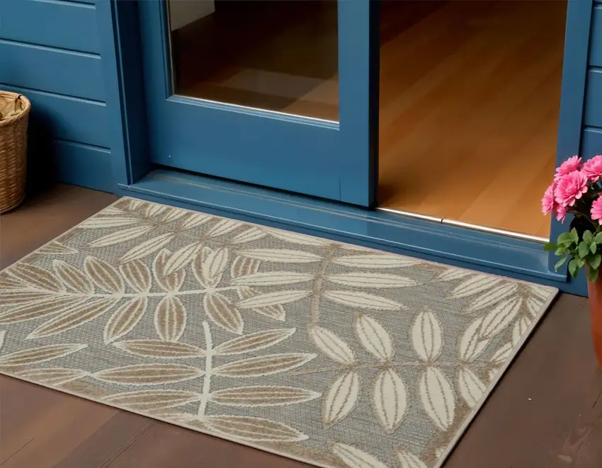 Beige Gray And Ivory Botanical Leaves Indoor Outdoor Area Rug Photo 2