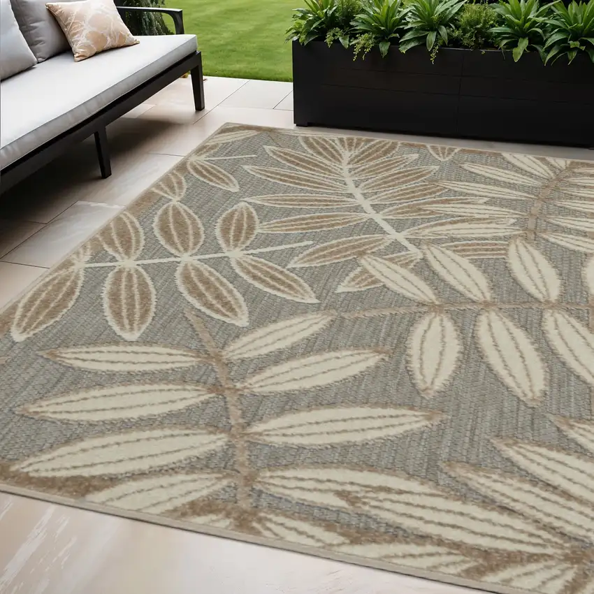 Beige Gray And Ivory Botanical Leaves Indoor Outdoor Area Rug Photo 1