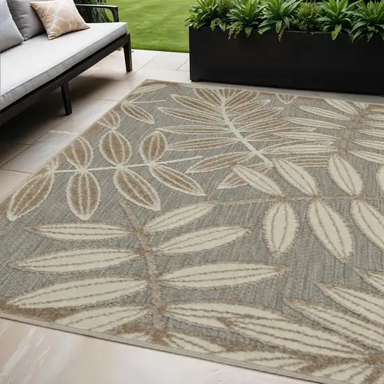 Beige Gray And Ivory Botanical Leaves Indoor Outdoor Area Rug Photo 1