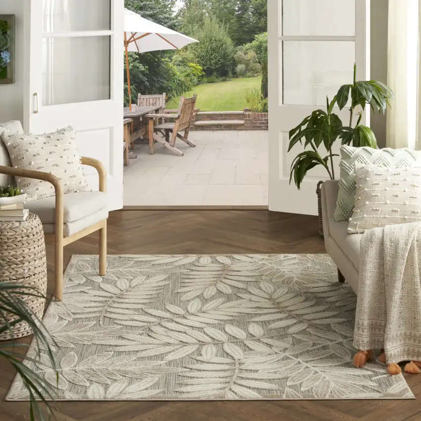 Beige Gray And Ivory Botanical Leaves Indoor Outdoor Area Rug Photo 5